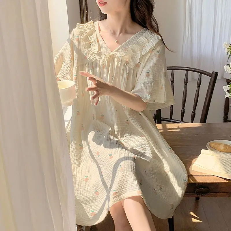 Floral Women Nightgown Sleepwear Ruffles Short Sleeve Night Dress Summer Night Wear Korean V-neck Sleeping One Piece Pajamas New