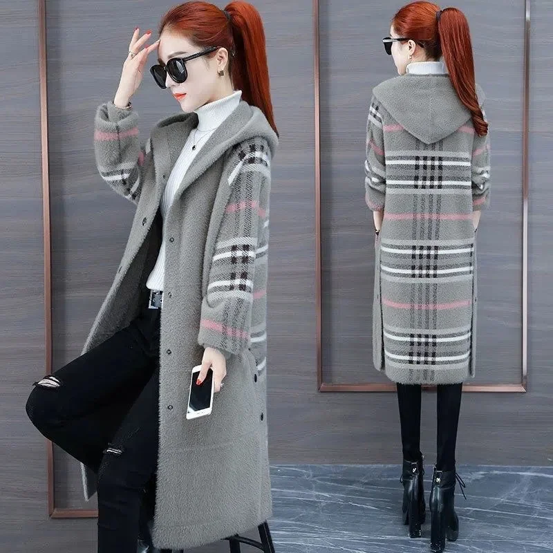Socialite-chaqueta con capucha de imitación de visón para mujer, abrigo largo de ocio, estilo coreano, holgado, con bolsillos y costuras, novedad de