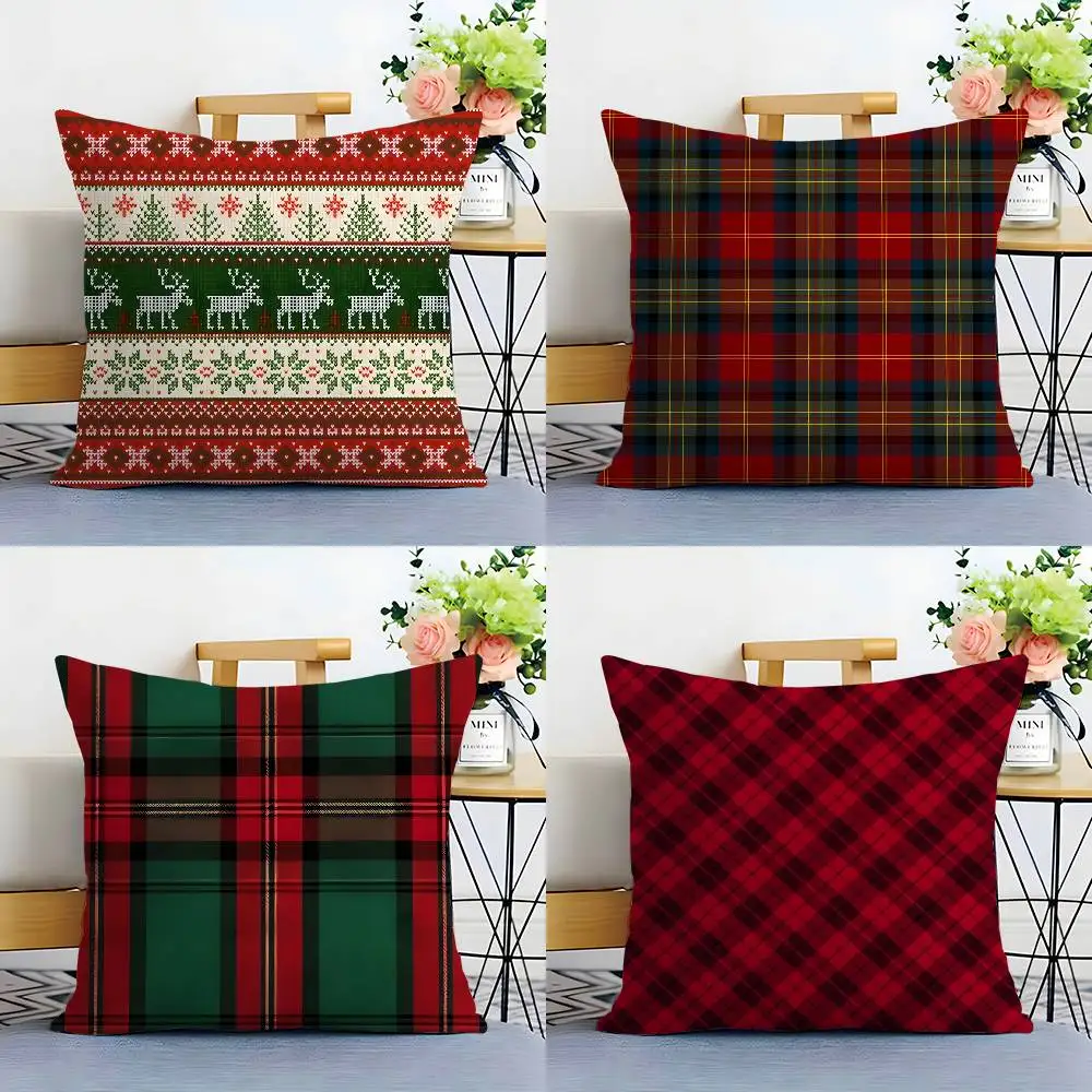 Christmas Plaid Pillow Case Plush Fabric Soft Double Sided Print Sofa Cushion Cover Throw Pillow Covers