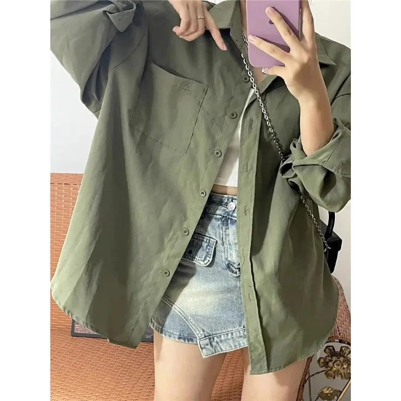 Deeptown Harajuku Green Basic Women Shirts Long Sleeve Blouse Vintage Japanese Fashion Oversized Streetwear Summer Korean Style