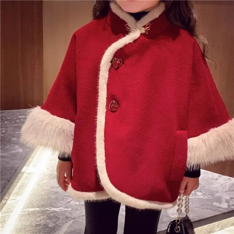 Girls Red Wool Cape Coat Winter Warm Loose Fleece Lined Tweed Outerwear for Kids Fashionable Comfortable Thickened New Style ﻿