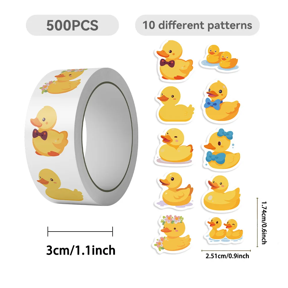 500Pcs/Roll Cartoon Yellow Duck Roll Sticker Creative Decoration Mobile Phone Case Suitcase Waterproof Sticker Kids Toys Gifts