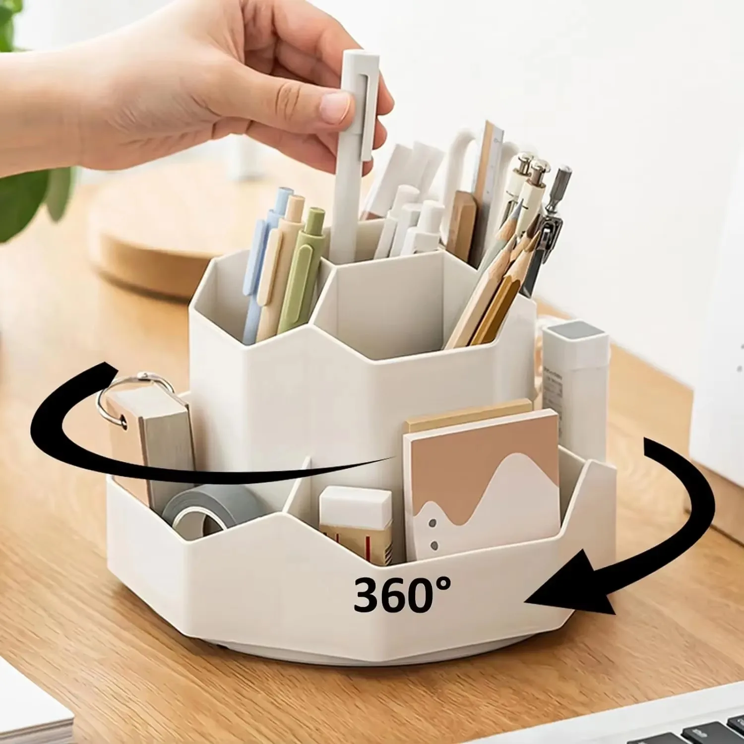 Support pour stylos blanc/rose 360 ° Porte-stylo rotatif, boîte de rangement de crayons de bureau de grande capacité, organisate