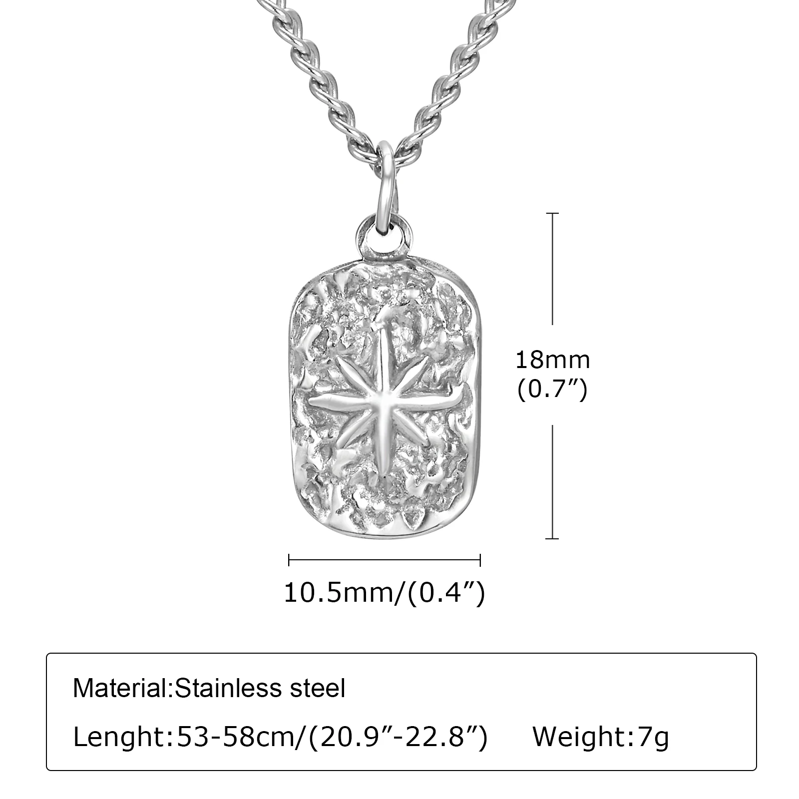 Vnox Dropship Mens Dog Tag Necklaces, Eight Point Star Pendant, Never Fade Silver Color Hammered Stainless Steel Dogtag