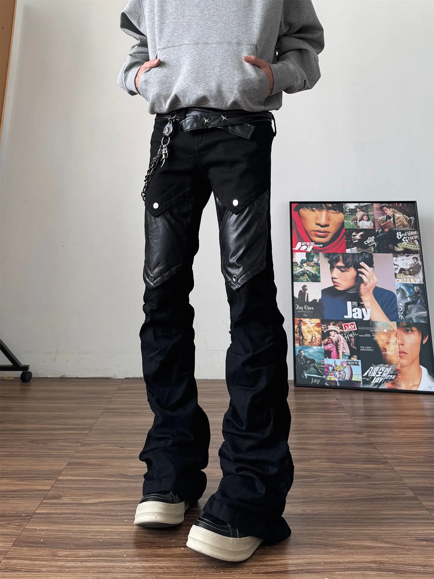 

American Retro Patchwork Leather Jeans Men Women Vintage High Street Pleated Waed Straight Casual Pants