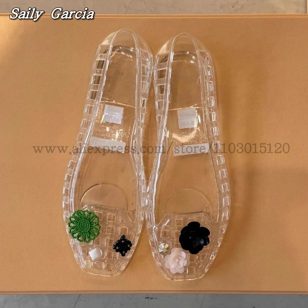 Pre-Sale Woven Crystal Flower Clear Shallow Loafers 2025 NEW Fashion Beach Casual Shoes Square Toe PVC Water Proof Flats