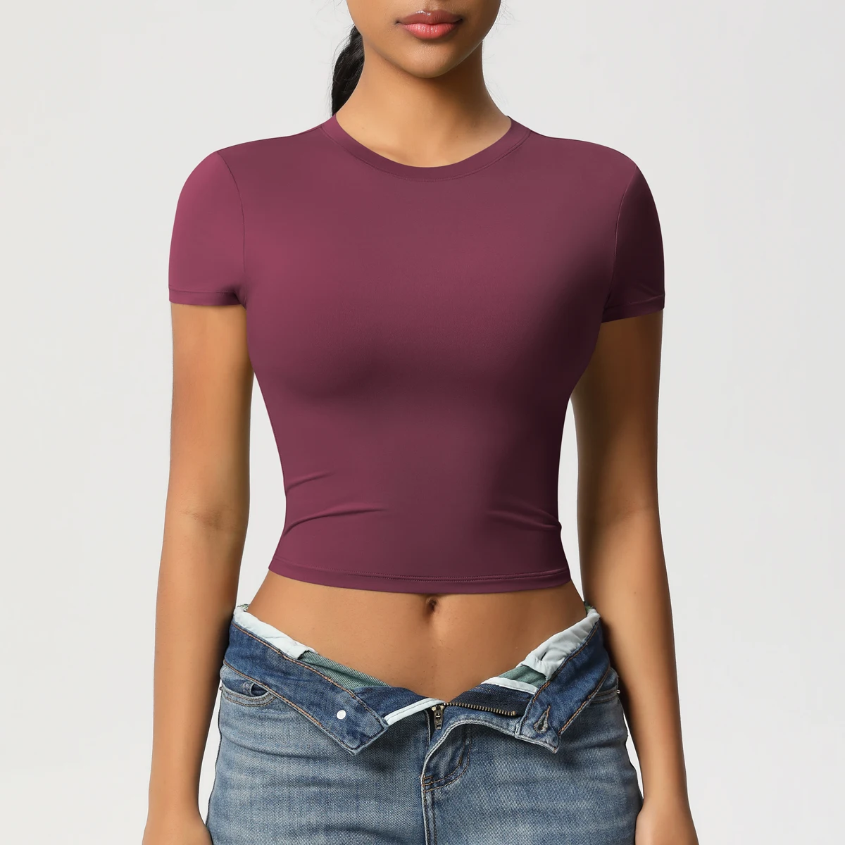Frauen Sport Shirt Kurzarm Gym Top Workout Kleidung Hohe Elastische Active Wear Femme Lauf Zubehör Fitness T-shirt – Detail 20