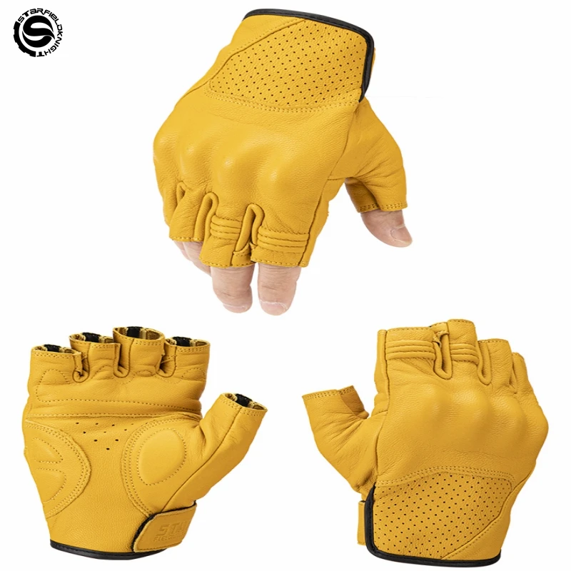 Star Field Knight Yellow Motorcycle Gloves Summer Breathable Cycling Gears Real Goat Leather Half Finger Gloves Wear-resistant