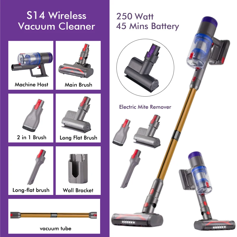 S14 Wireless Handheld Vacuum Cleaner 250W 28kPa Power 8 IN 1 Vertical Vacuum Cleaner Multi-function Mite Remove Dust Cleaner