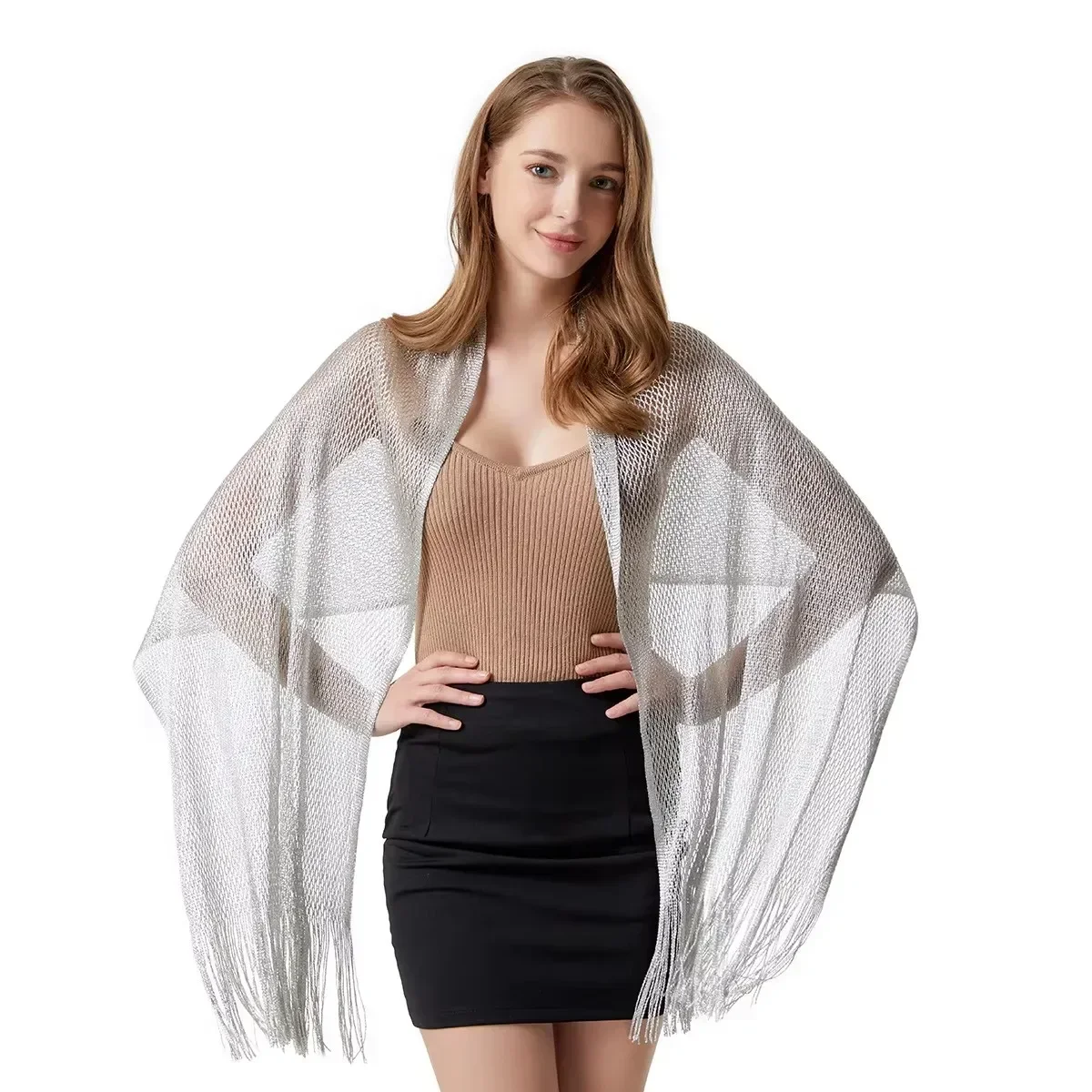 

Весенне-летняя яркая шелковая шаль с полой сеткой и кисточками, женский шарф из полиэстера, универсальный платок, европейский и американский