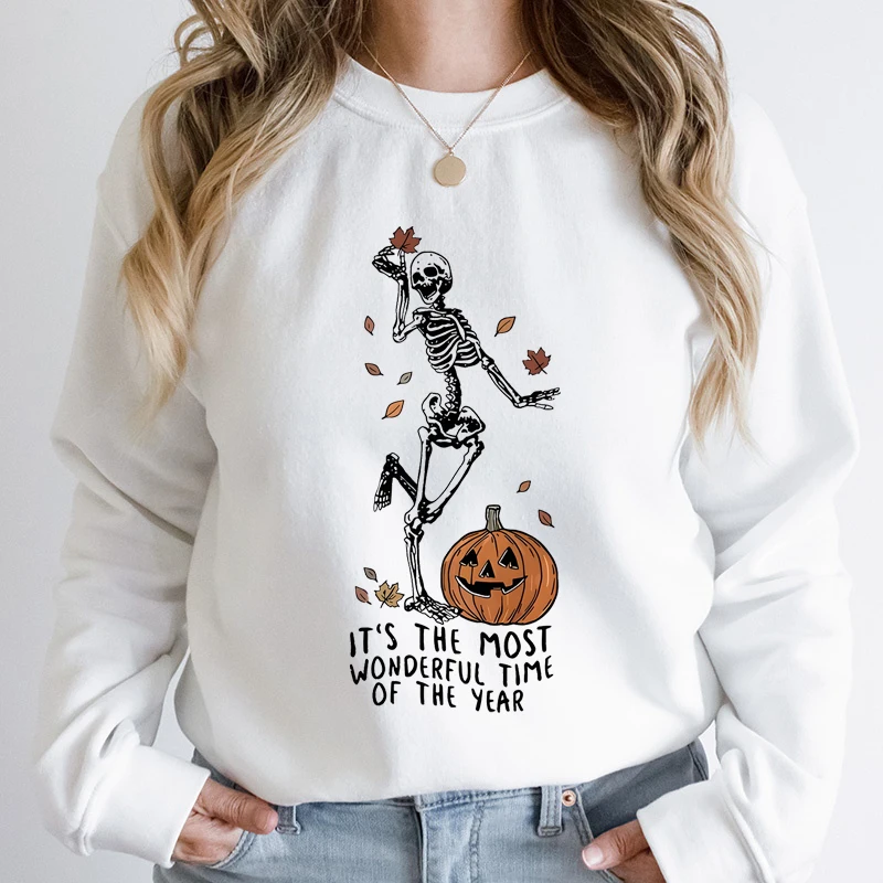 Halloweenowe bluzy z nadrukiem szkieletu i dyni Casualowa bluza z długim rękawem i okrągłym dekoltem Odzież damska