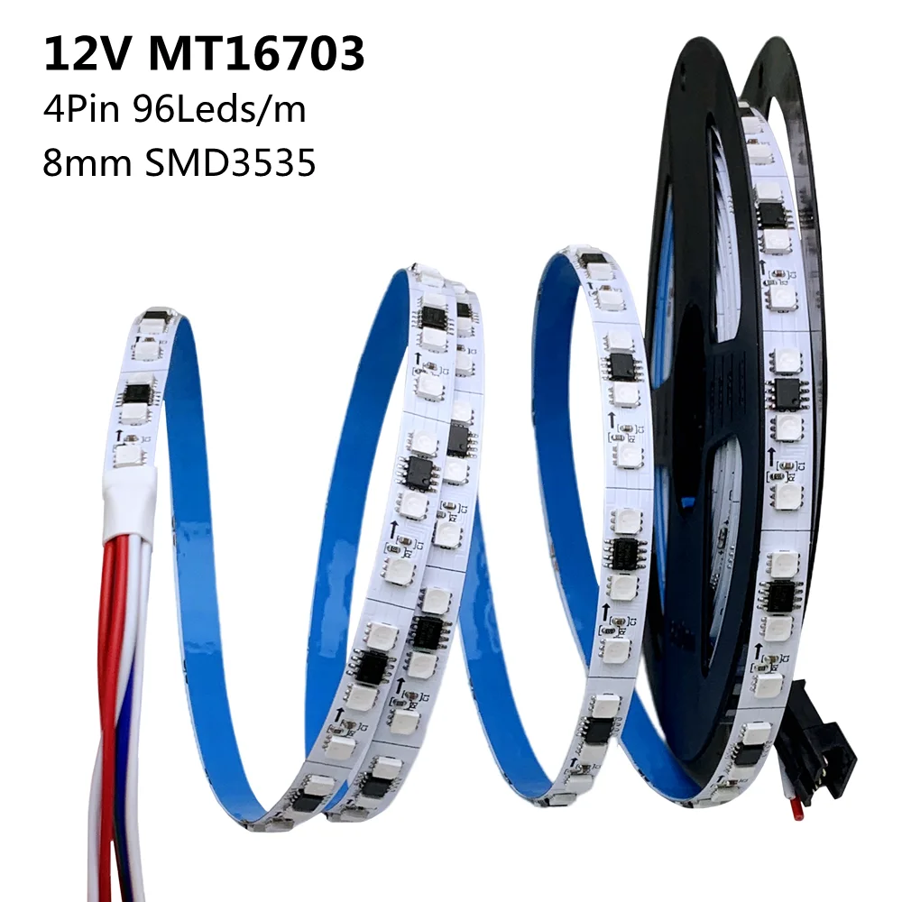 

MT16703 Pixel LED Strip 12V 8mm Width 5m 96Leds/m SMD3535 RGB 4Pin Similar WS2815 Smart Full Color Addressable Ribbon Light Tape