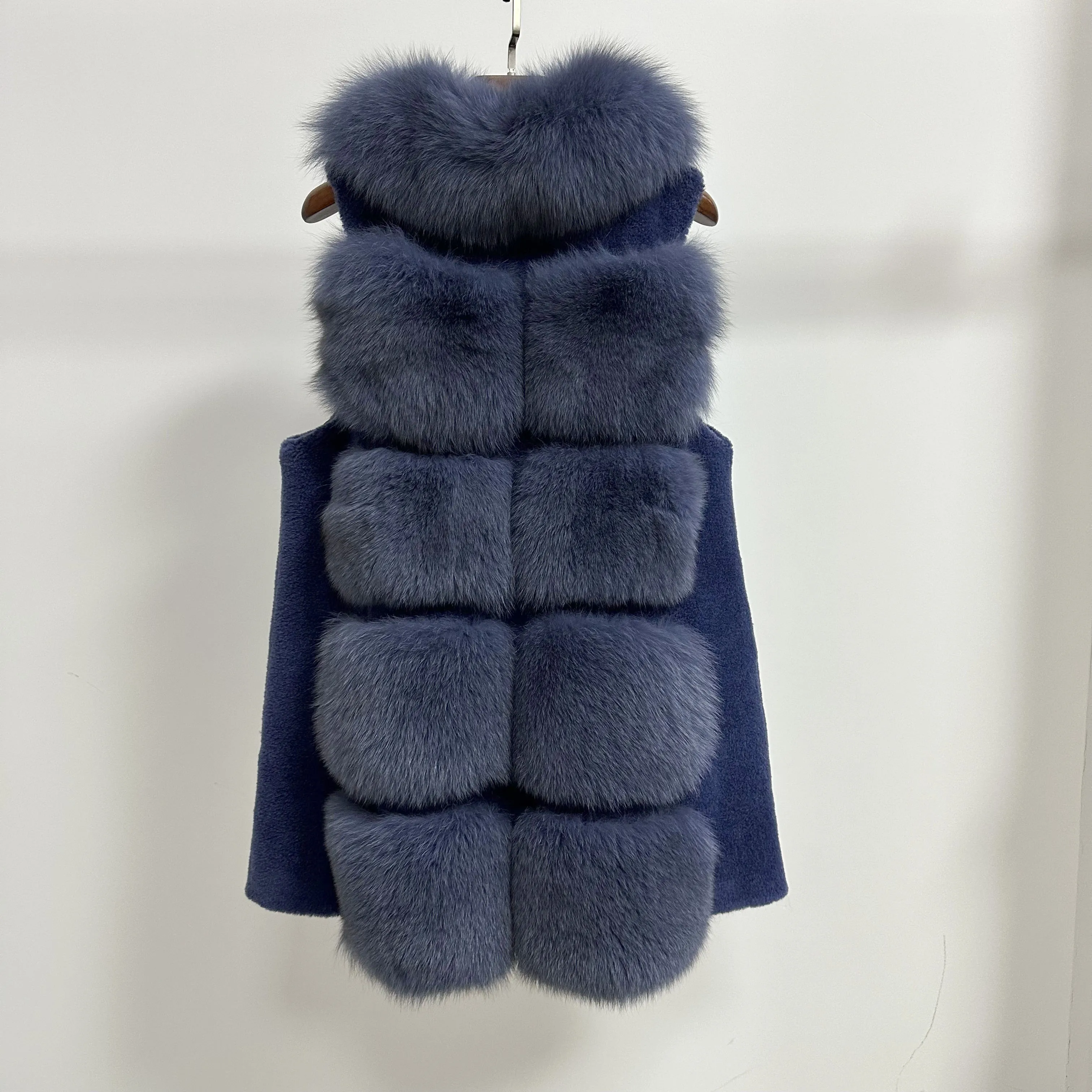 Nieuw Design Echte Schapen Shearing Jas Vest Met Echte Vossenbont Gilet Vrouwen Jas Met Bontkraag