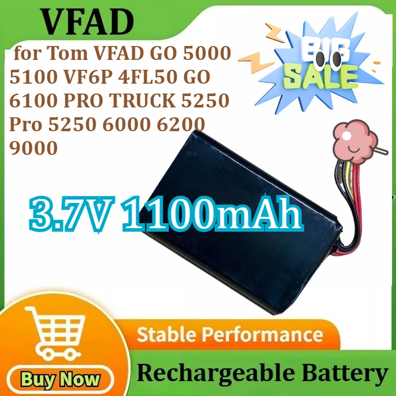 

New 4.07Wh for Tom VFAD GO 5000 5100 VF6P 4FL50 GO 6100 PRO TRUCK 5250 Pro 5250 6000 6200 9000 Navigator Battery 3.7V 1100mAh