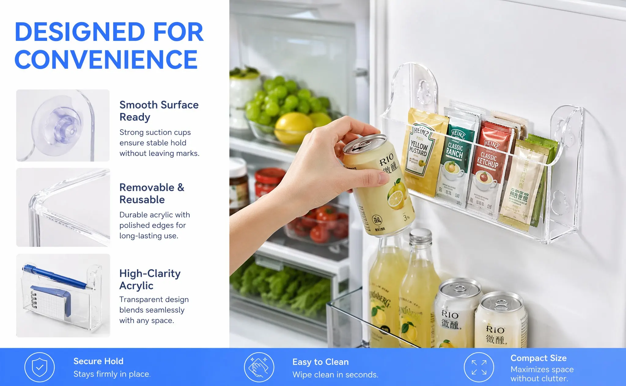 Suction Cup Refrigerator Door Rack Acrylic Fridge Organizer Shelf for Drinks Chocolate Condiments Beer Snacks Kitchen Bathroom