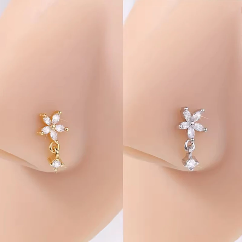 1 L-shaped Nose Nail with Five Petal Flower Pendant | Stainless Steel Hypoallergenic Gold Steel Y2k Style