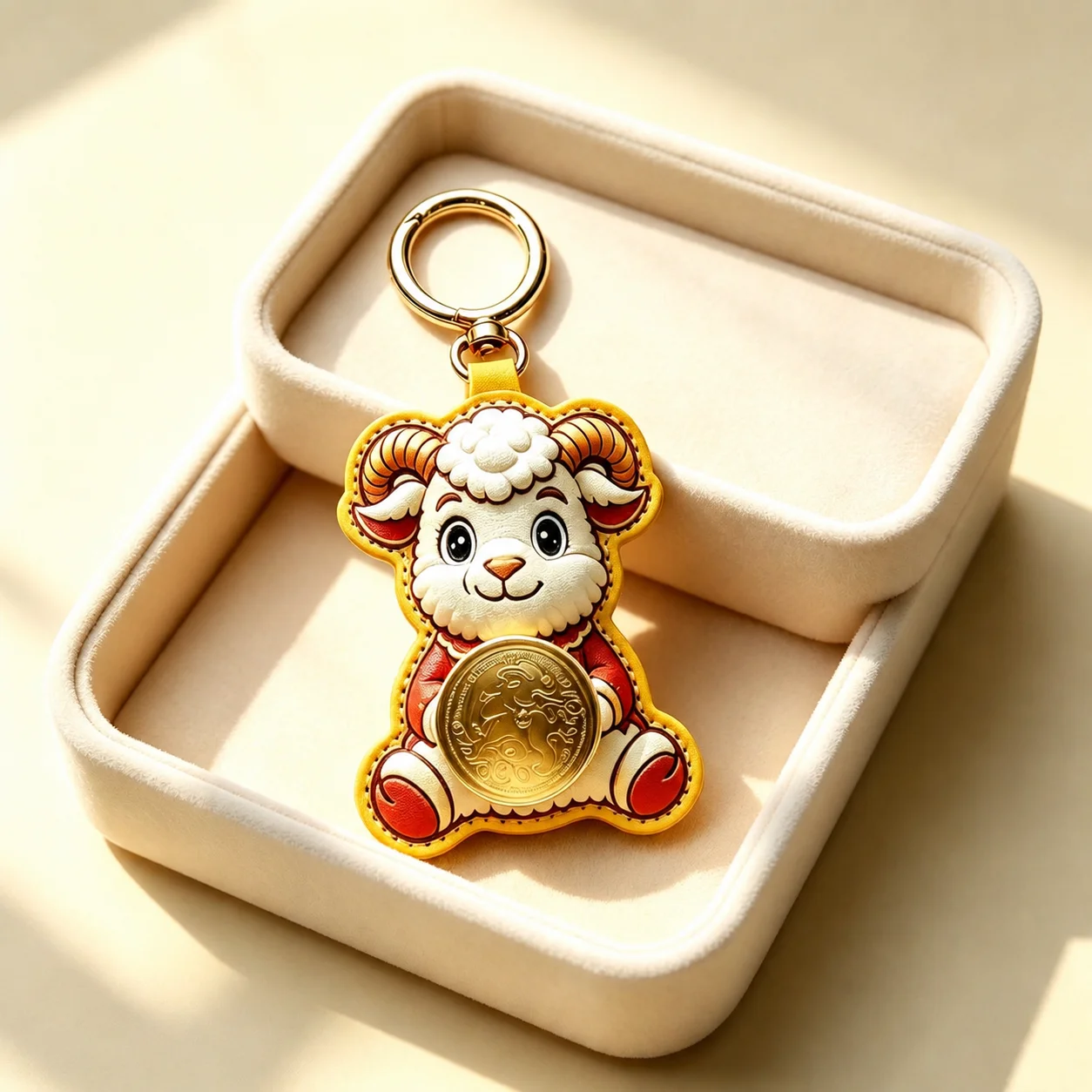 Lucky Year of the Sheep Keychain 2027 Chinese Zodiac Ram PU Leather Bag Cute Floral Pattern Ring Holder for Handbag and Keys