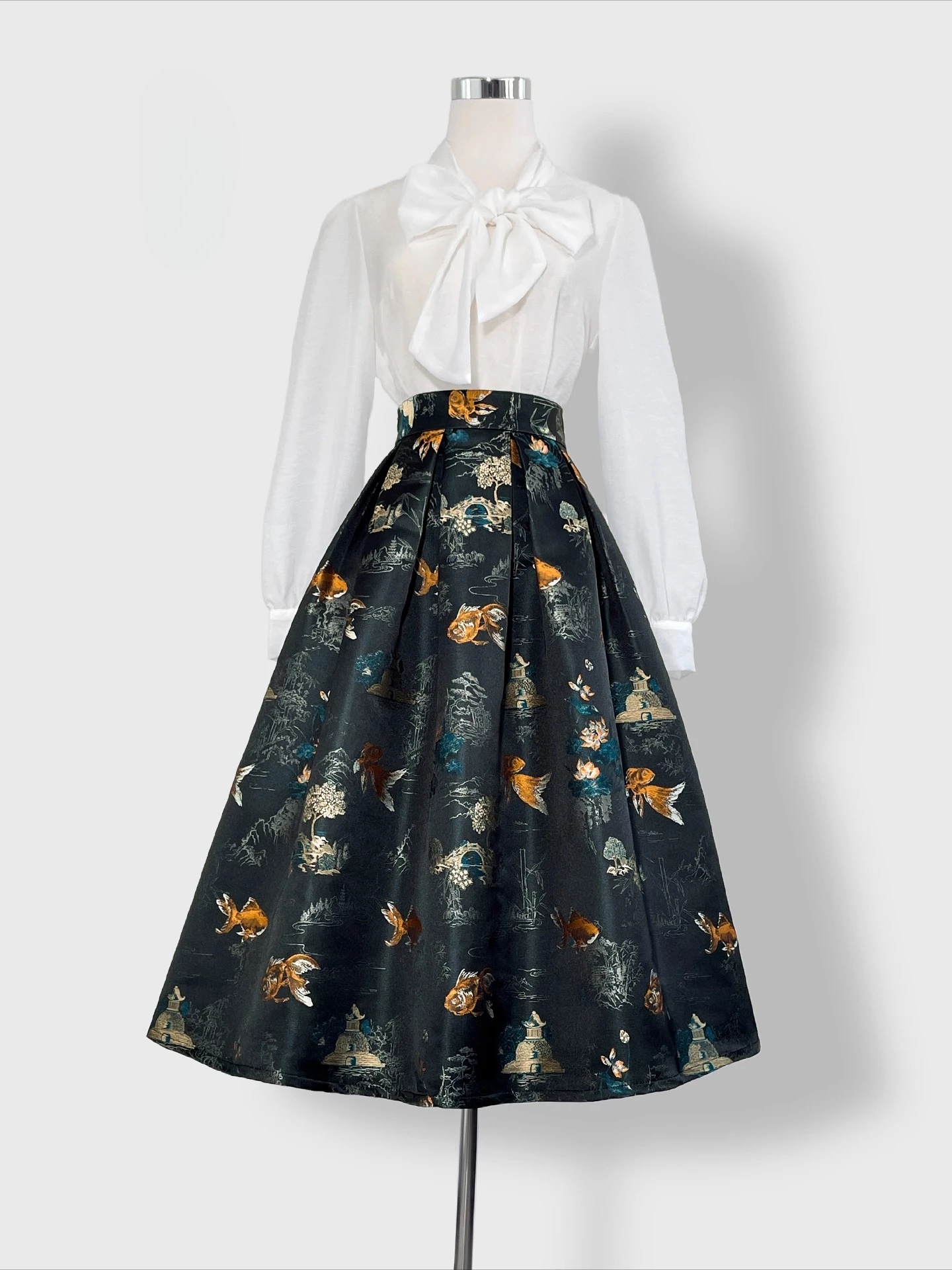 Nowa damska spódnica na wiosnę i jesień, modna spódnica w stylu chińskim, żakardowa, rozkloszowana, puszysta spódnica do pracy.