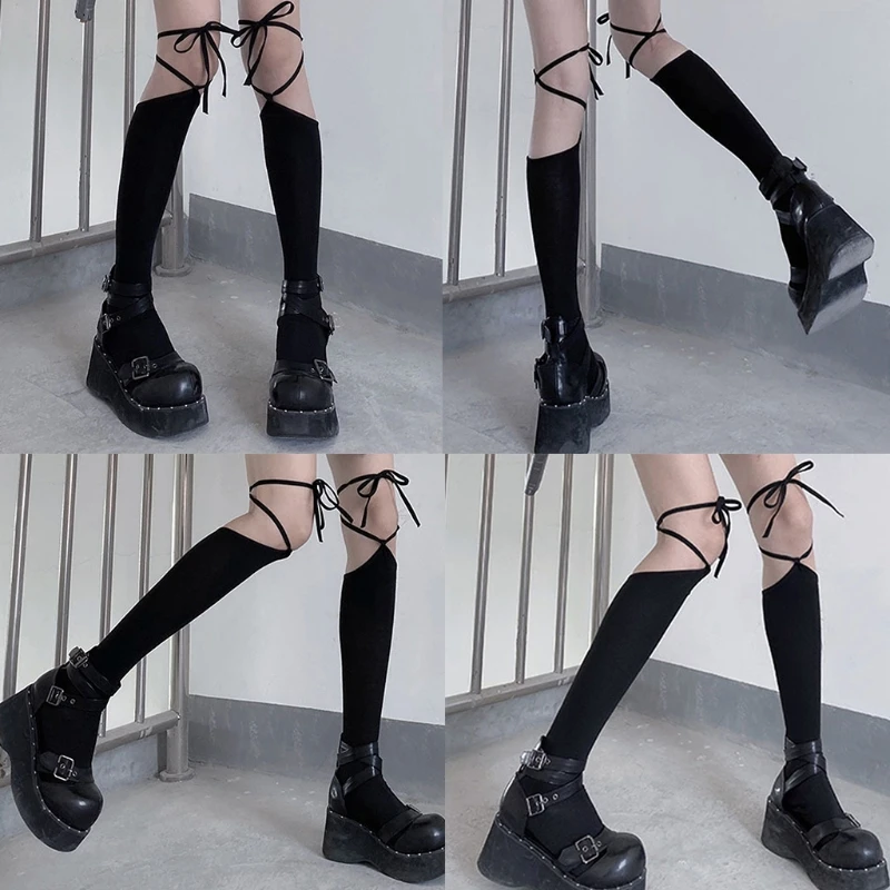 Women Thigh High Socks Gothic for Cross Lace-Up Bandage Over Knee Stockin