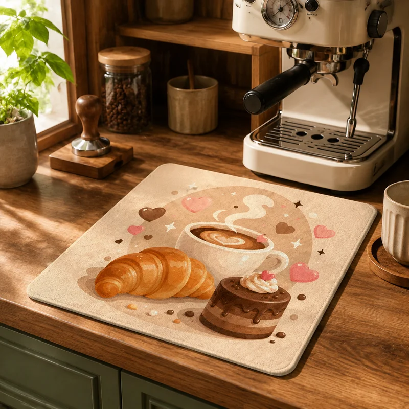 VIKAMA coffee machine drying pad, coffee printing super absorbent anti slip pad, coffee bar decoration drainage pad