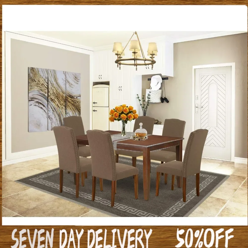 

7 Piece Set Consistof a Rectangle Dining Room Table and 6 Dark Coffee Linen Fabric Upholstered Parson Chairs,36x60 Inch,Mahogany