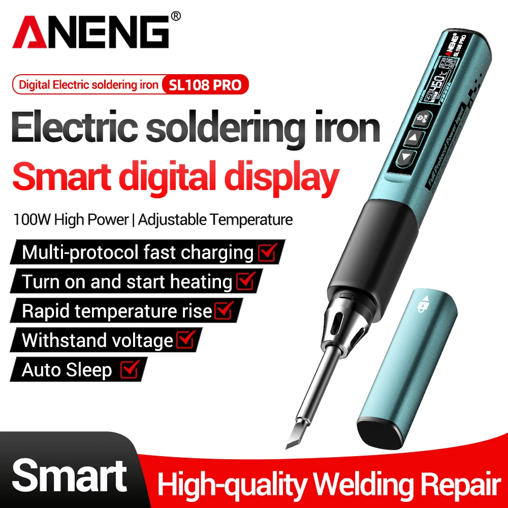 ANENG SL108 PRO 100W Digital Soldering Iron T12 Type-C Fast Charging Auto Sleep OLED Temp Calibration 9-28V Portable Repair Tool