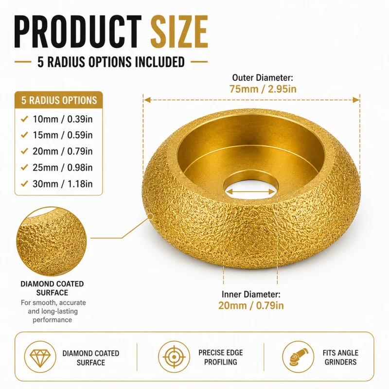 5-Piece brazed diamond wheel set for grooving, edge grinding, and chamfering on tile, marble, quartz, and stone. Parallel wheel