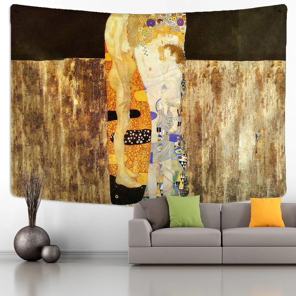 Gustav Klimt Oil Painting Tapestry Wall Hanging Kiss Of Gold Abstract Art Decoration Wall Blanket Yoga Mat Home Bedroom Art