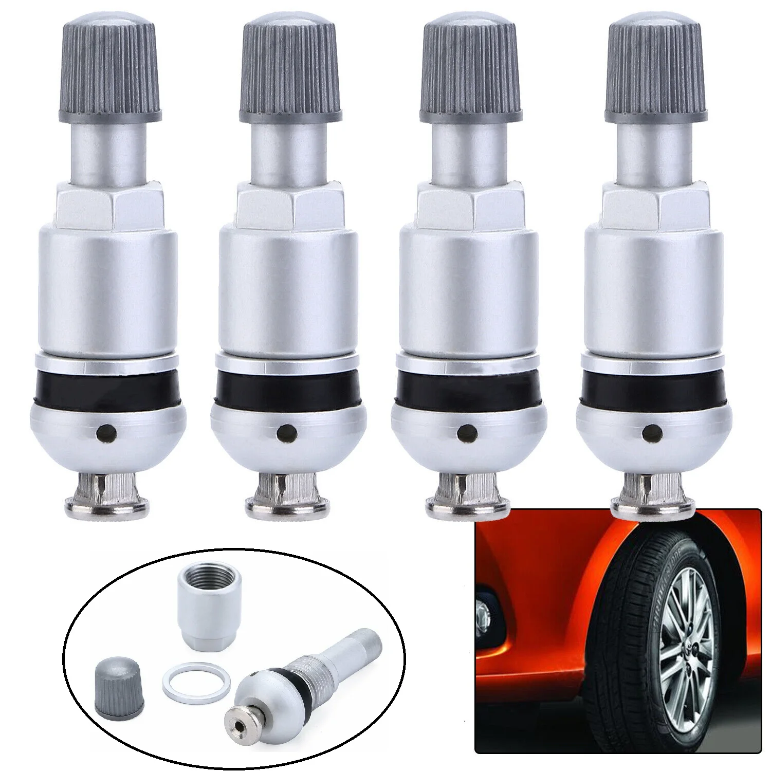 4pcs TPMS Tire Pressure Sensor Valve Stem Repair Kit Series Silver Metal Tire Pressure Sensor Valve Stem Repair Kit For BMW VW