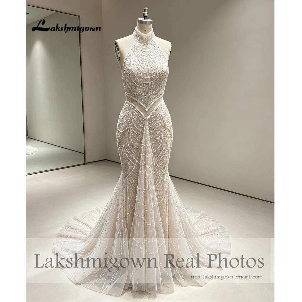 Lakshmigown Neckholder-Meerjungfrauenkleid mit transparenten Details, Blush-farbenes Brautkleid mit Perlen und Pailletten, 2027, echte Fotos, maßgeschneidert. – Detail 5