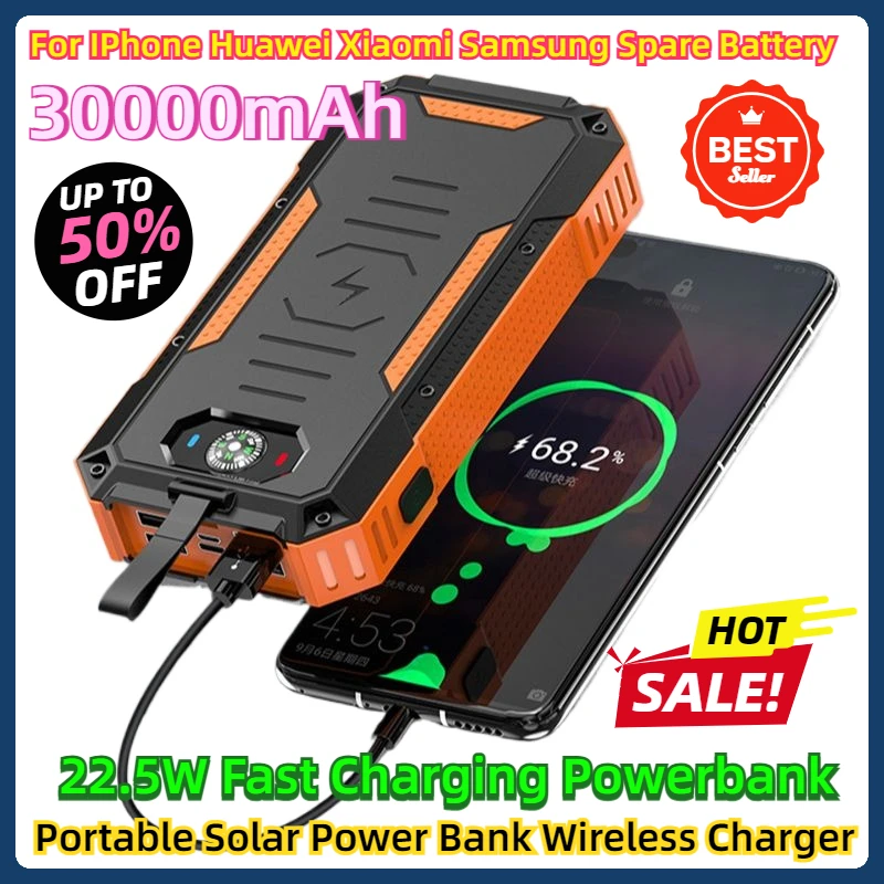 

For IPhone Huawei Xiaomi Samsung Spare Battery 30000mAh Portable Solar Power Bank Wireless Charger 22.5W Fast Charging Powerbank