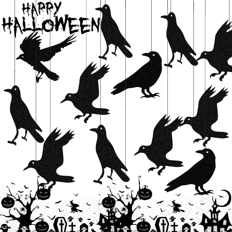 

9/27PCS Halloween Decor Stickers Black Crow Bird Wall Door Window Hanging Ornaments Halloween Party DIY Horror Decoration Props