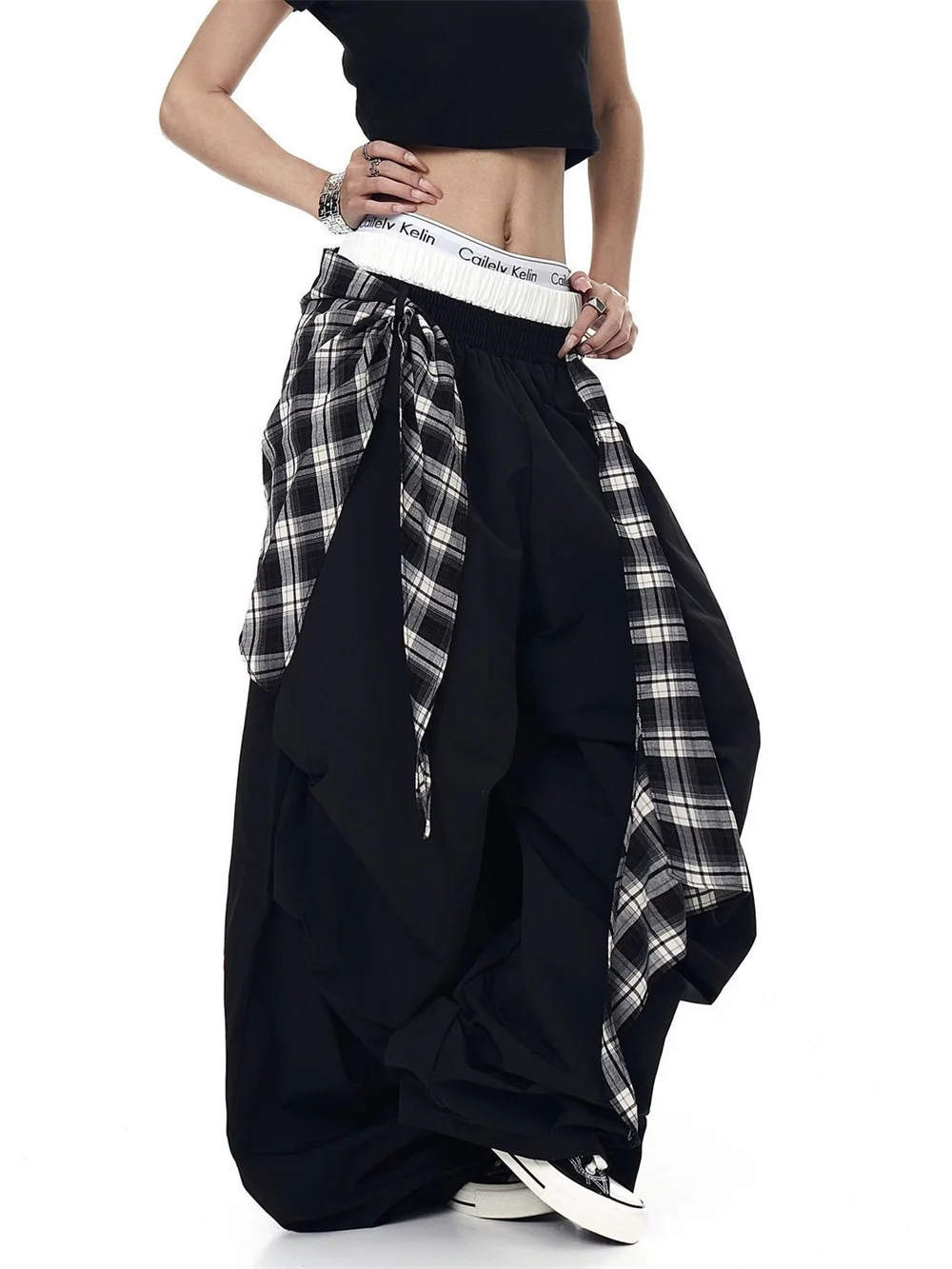 Y2K Streetwear Baggy Cargo Pants Women Fake Two Piece Plaid Patchwork Elastic High Waist Wide Leg Pants Casual Hip Hop Trousers