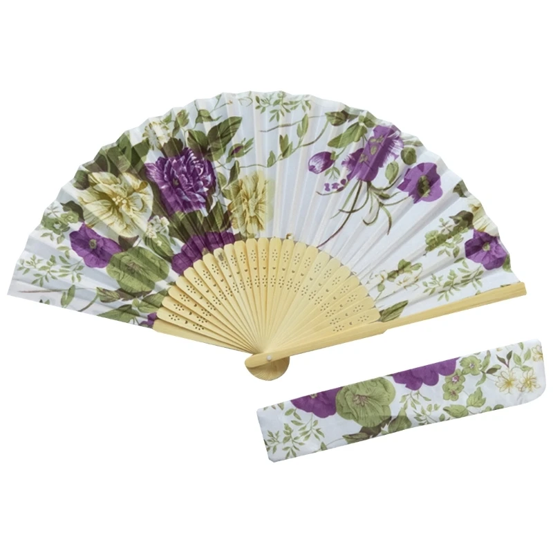 Ventilador dobrável floral 67JB com bolsa Ventiladores de mão de bambu vintage para apresentações femininas