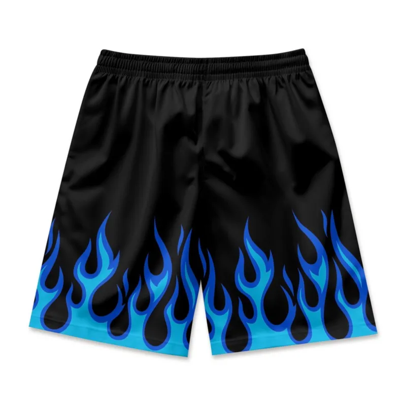 Blue Flame Print Black Waist Shorts Quick Dry Breathable Polyester Shorts For Men Streetwear Shorts Sport Clothing Bottoms