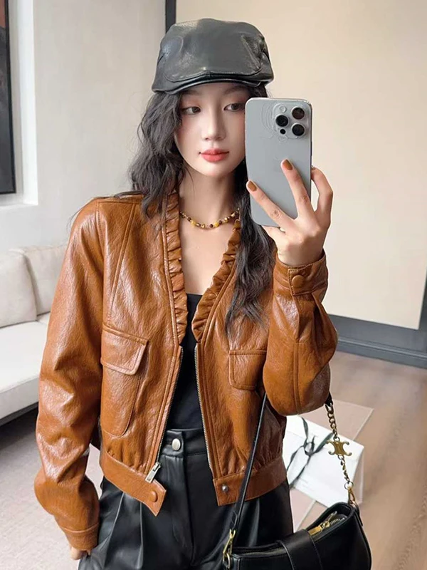 

Fashionable V-Neck Ruffle Sleeve Leather Jacket Women's Spring Autumn Loose Casual Small Size Short Coat Leqiya Brand