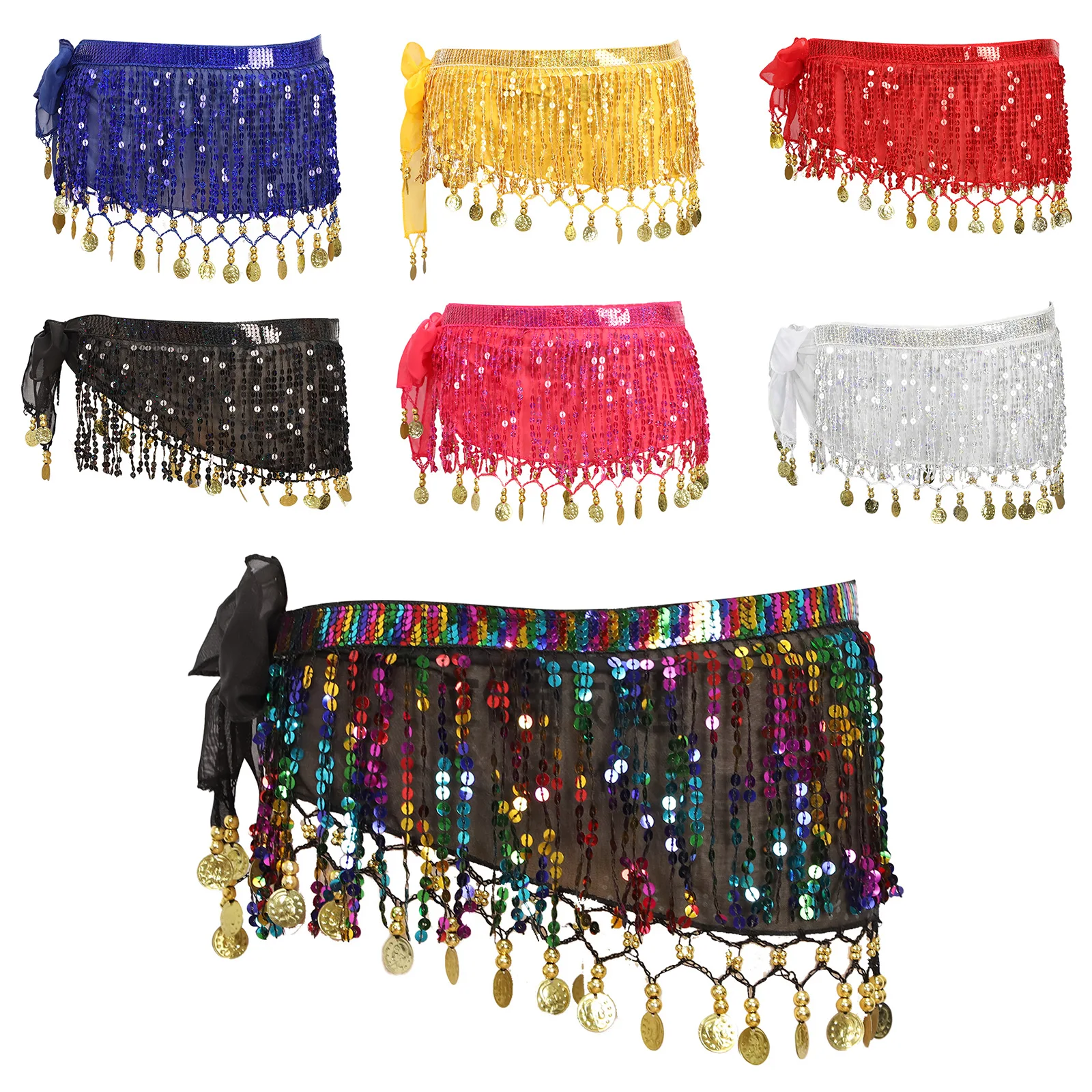 Halloween Belly Dance Hip Scarf Sequin Tassel Plastic Beads Metal Sequin Lace-Up Mesh Hip Skirt Dancewear for Cha-Cha Samba