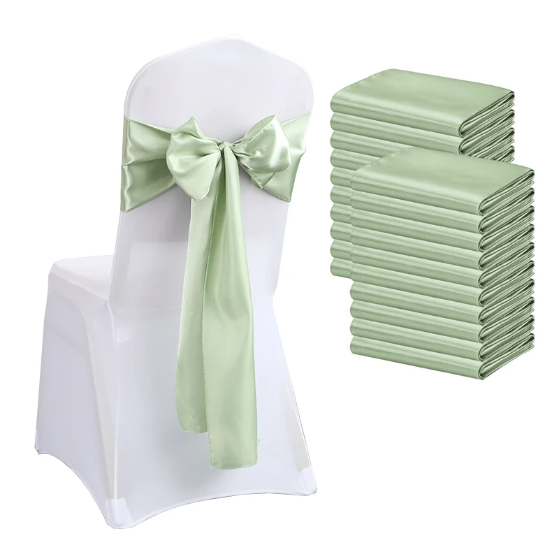 10PCS 17x275cm Sage Green Satin Chair Sashes Bows Chair Cover Ribbons for Wedding Banquet Party Baby Shower Event Decorations