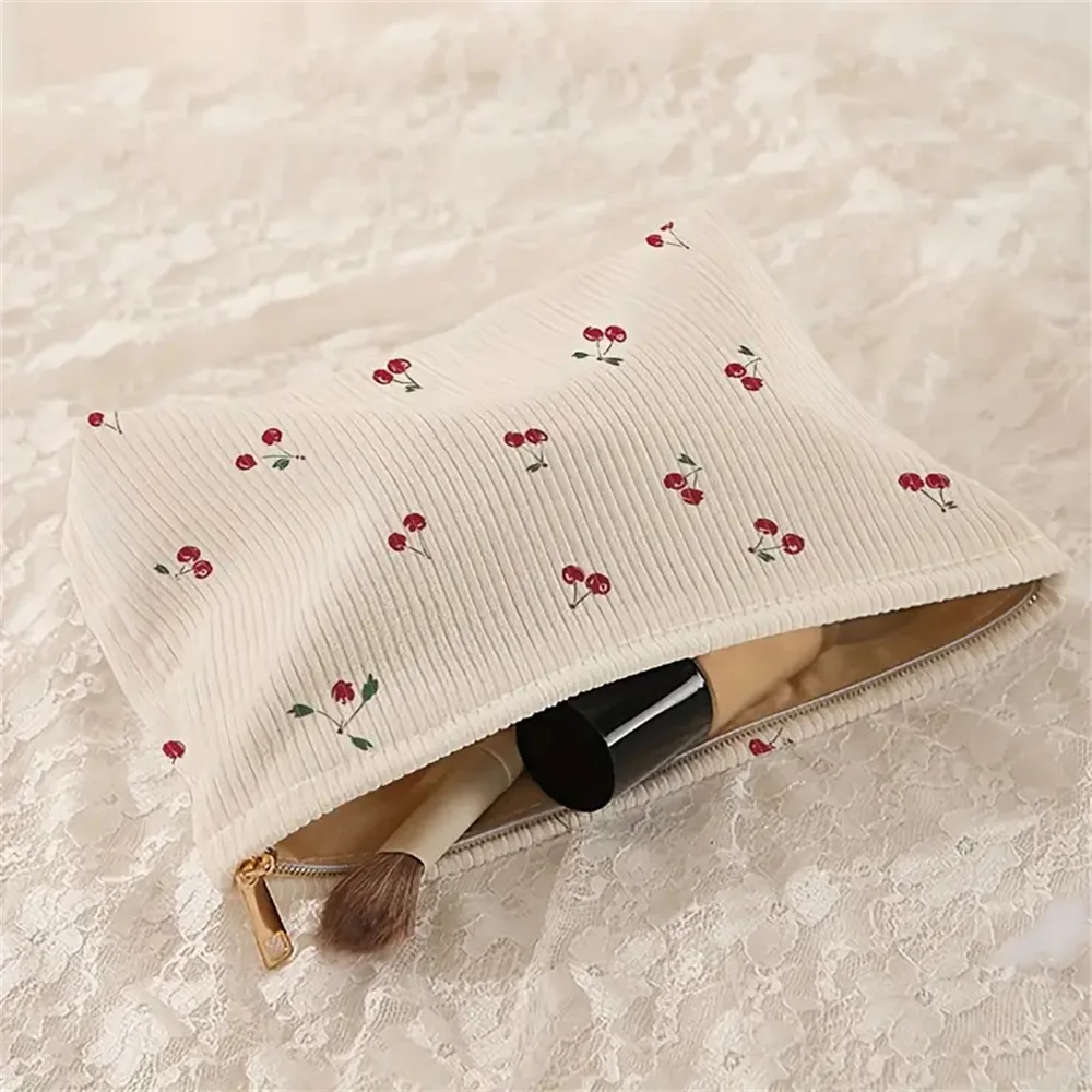 Hand Painted Cherry Corduroy Drawstring Makeup Bag Lightweight Travel Toiletry Pouch Bohemian Style Cosmetic Organizer
