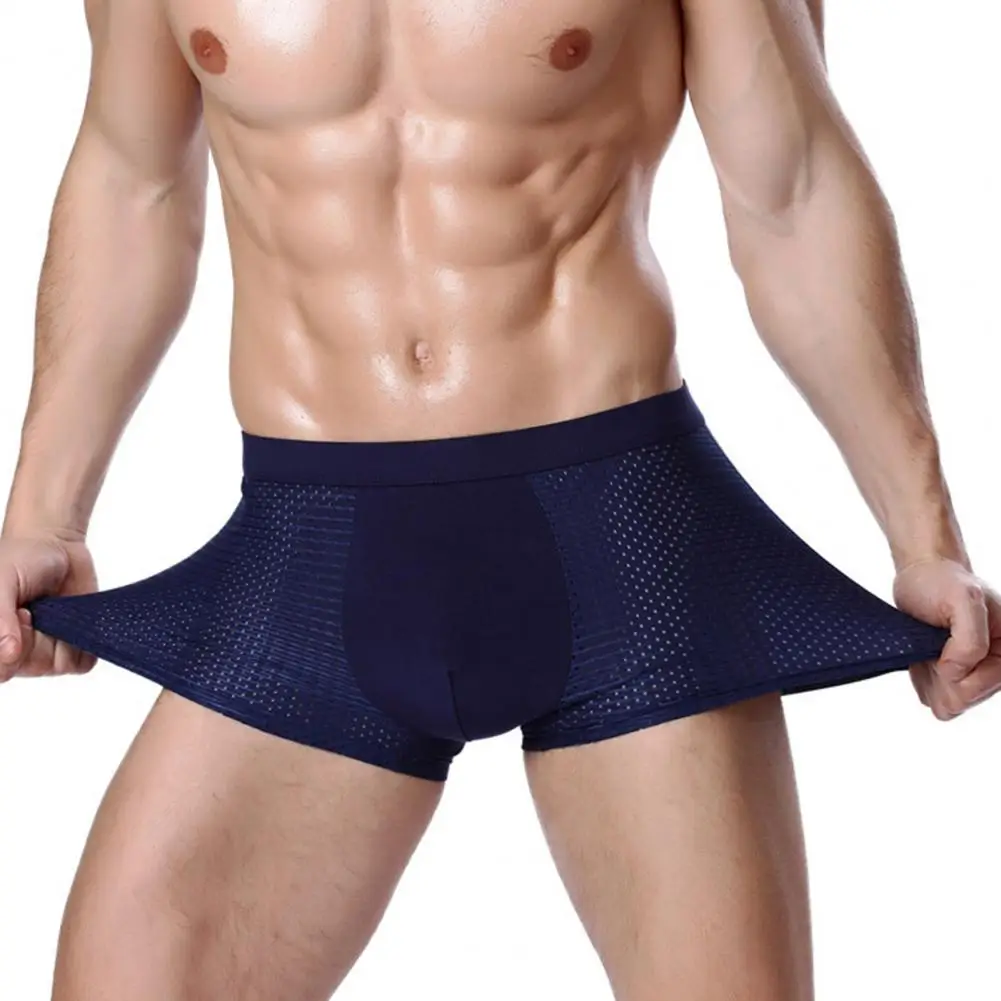 Men Summer Thin Ice Silk Shorts Panties Breathable Hollow Mesh U-convex Mid-rise Solid Color Shorts Briefs Underpants