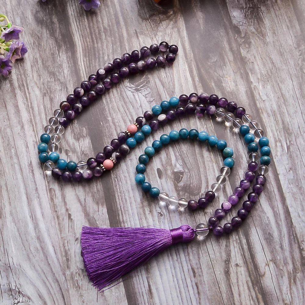 

8mm Natural Amethyst Apatite Beads Necklace Bracelet 108 Mala Jewelry Set Meditation Prayer Japamala Jewelry for Women