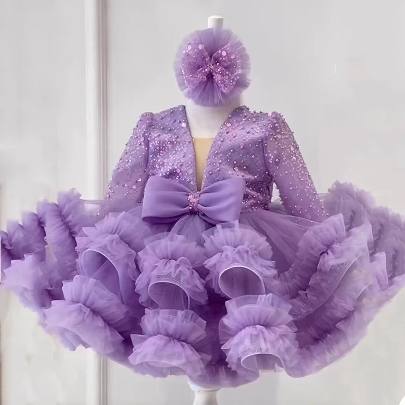 Vestidos de flores con cristales púrpuras de lujo para niña, vestido de baile con cuello en V, lazo con lentejuelas, vestidos de desfile de cumpleaños para niños, vestidos de primera comunión 2023