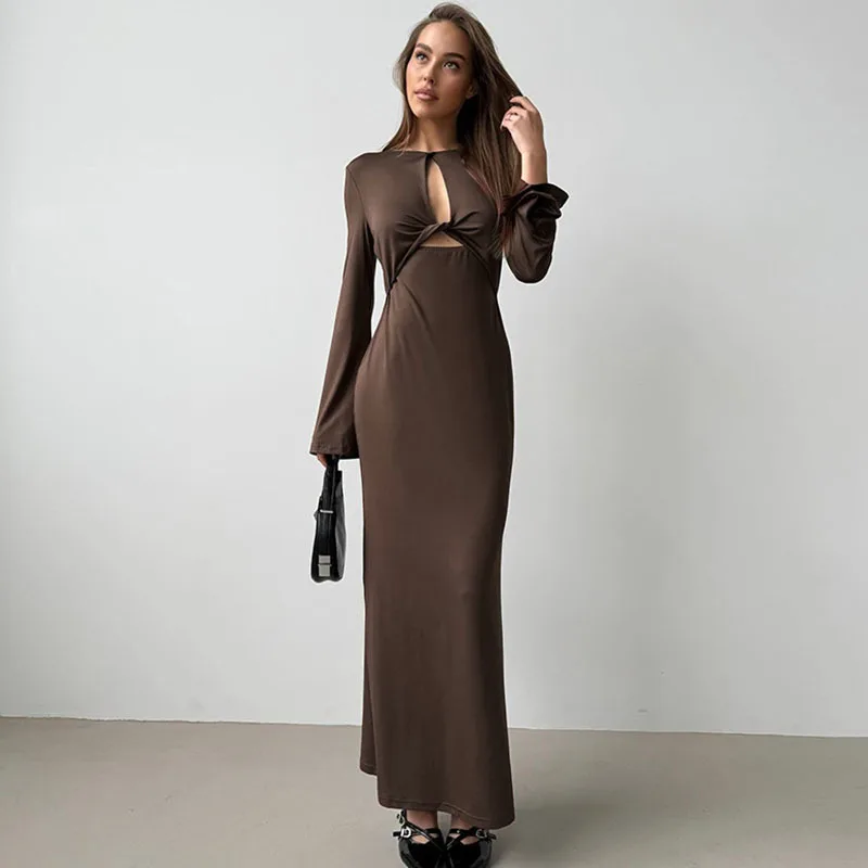 Apprabant Solid Twisted Hollow Out Exposed Chest Dresses Fashion Simple Elegant Round Neck Long Sleeved Slim Fitting Vestido