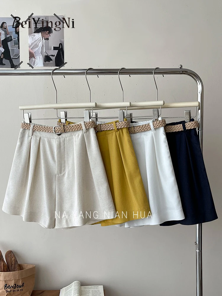 Beiyingni 2025 Korean Summer Women's Shorts Belted Casual Cotton Linen Vintage Harajuku Wide Leg Short Pants Female White Chic