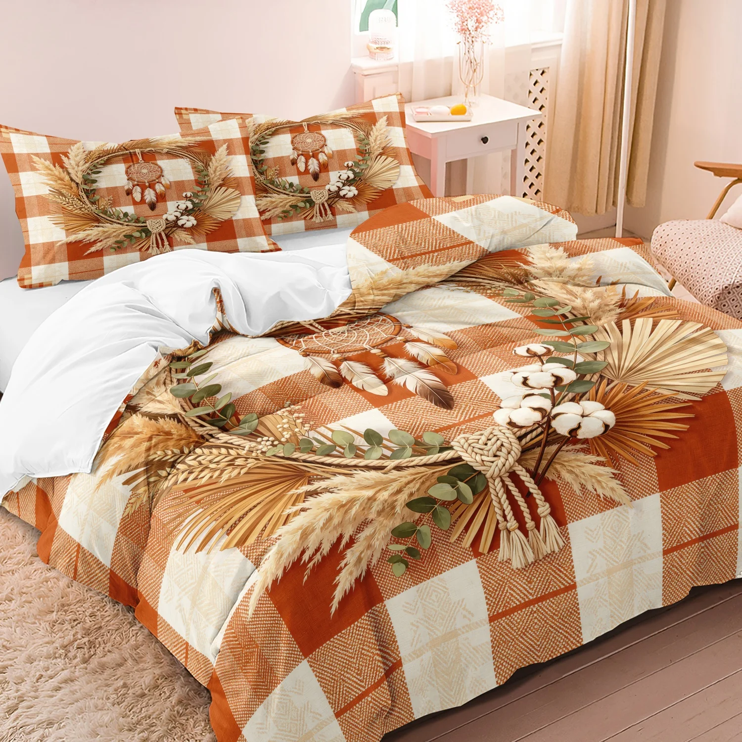 3Pcs Terracotta Checkered Dried Grass Wreath Dreamcatcher Print Duvet Cover Set, Bohemia Fall Buffalo Plaid Print Bedding