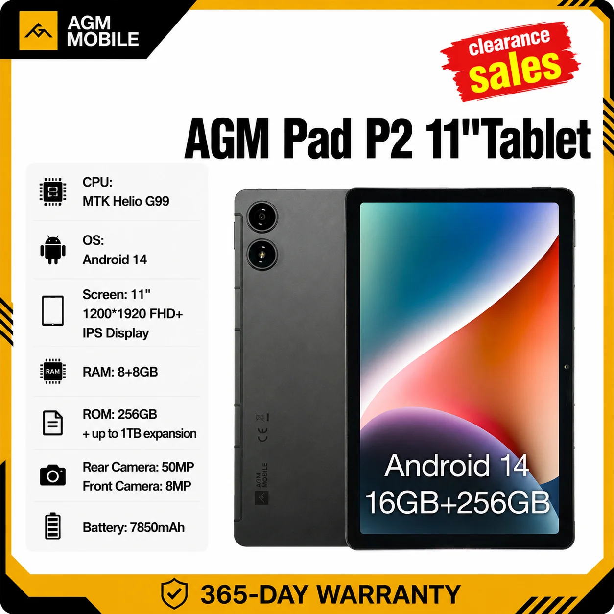 AGM Pad P2 Tablet 11" Fhd Display 480Nit Brightness 8Gb+256Gb Mtk G99 50Mp Camera 7850Mah Battery Widevine Tablet