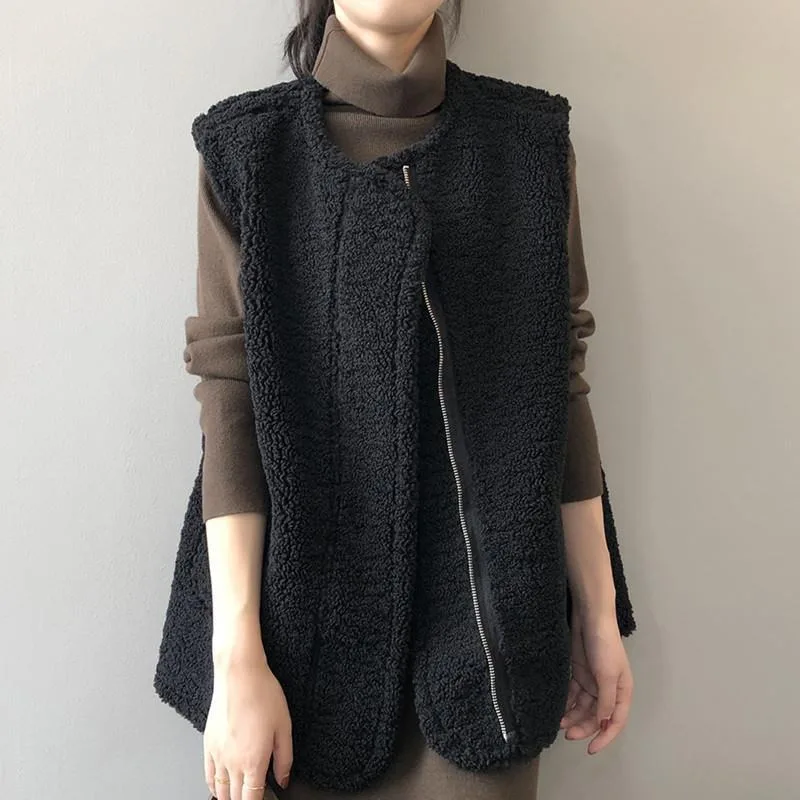 New Autumn Winter Womens Lamb Wool Vest Jacket Fur Integrated Vest Jacket Female Korean Two Sides Wear Deerskin Velvet Waistcoat