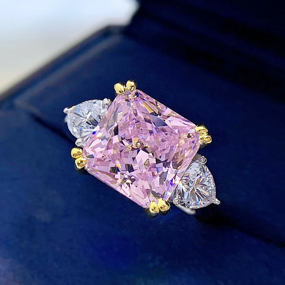 Bridal Luxury Big Square Stone Rings For Women Silver Color Charm Pink Yellow Zircon Wedding Bands Index Finger Party Jewelry