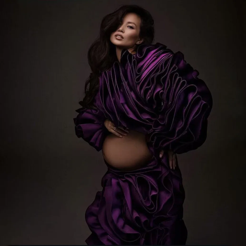 Vestidos de embarazo de color morado de lujo, vestido de maternidad plisado con mangas completas recortadas en capas, плаajtе для бем Iyoм Jaya