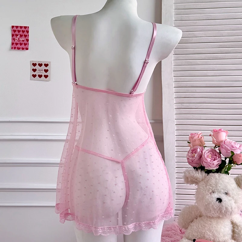 Two Piece Set Pink Sexy Women's Perspective Polka Dot Dress And Thong Set For Home Nightgown Clothing - view 4